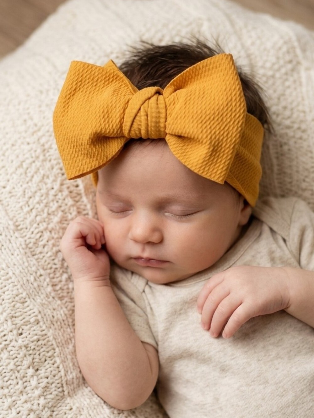 Mustard Yellow Oversized Bow Headband Girls Ribbed Cable Knit Textured Wide Band